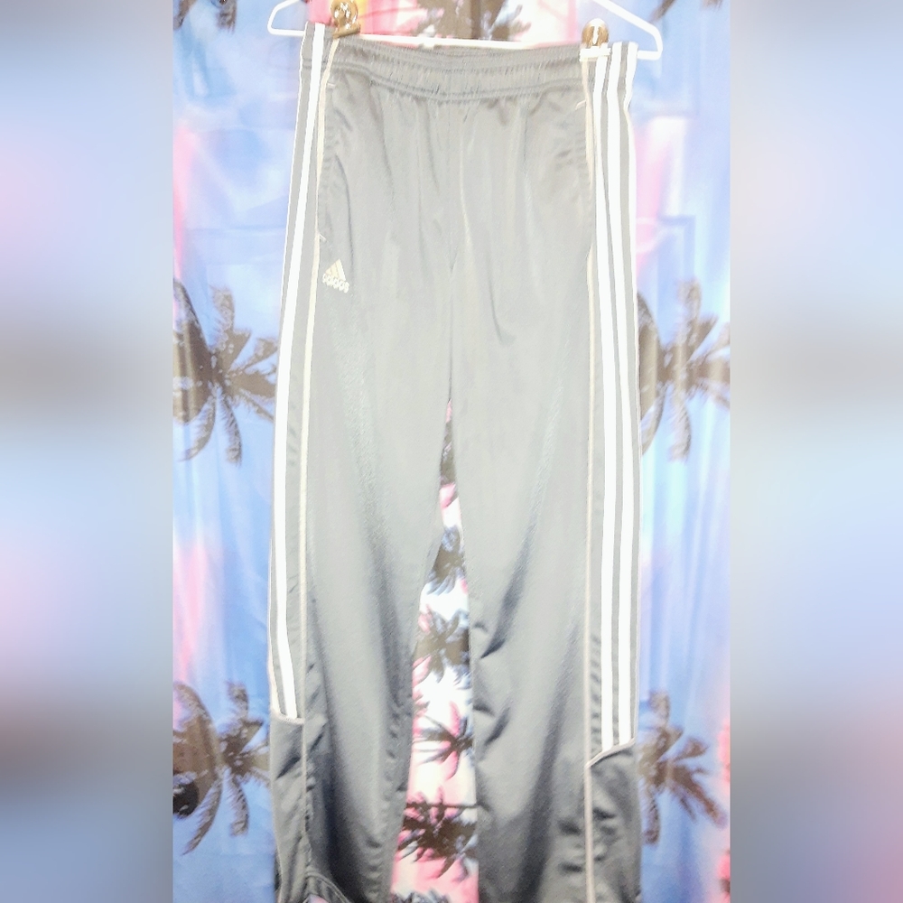 Adidas Gray & White Track Pants with Bottom Side Zips & Drawstring Waist